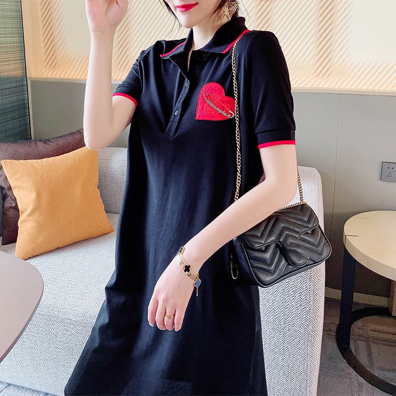 ロングワンピース ポロシャツ ハート刺繍配色ポロ衿ロングワンピース