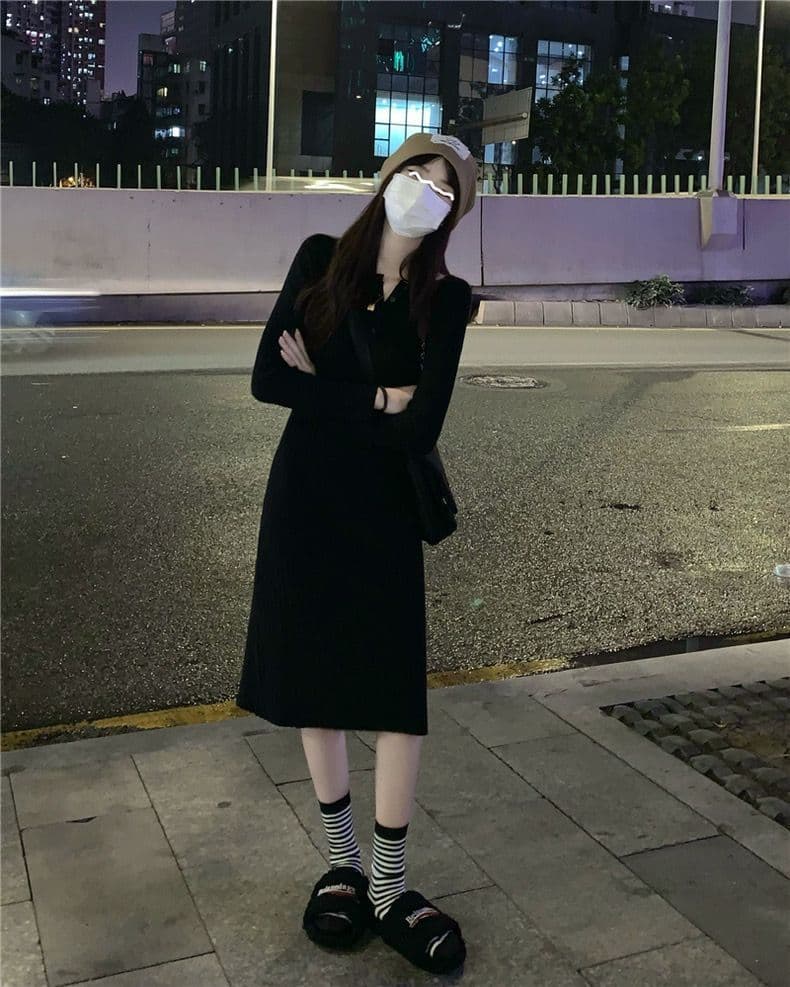 ロングワンピース しなやかリブ編みワンピース