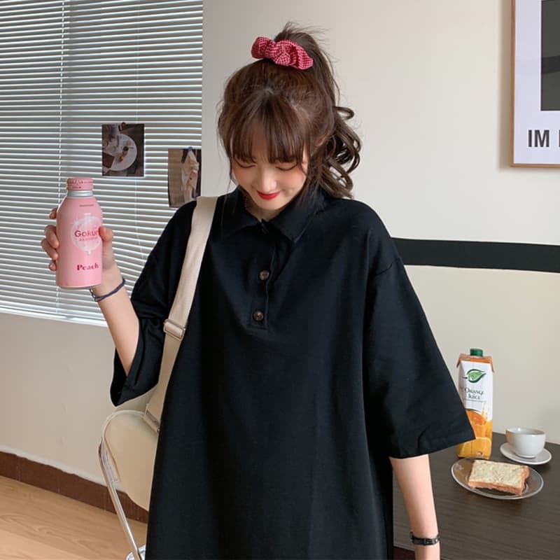 ロングワンピース シャツ ゆったり襟付き半袖ロングワンピース