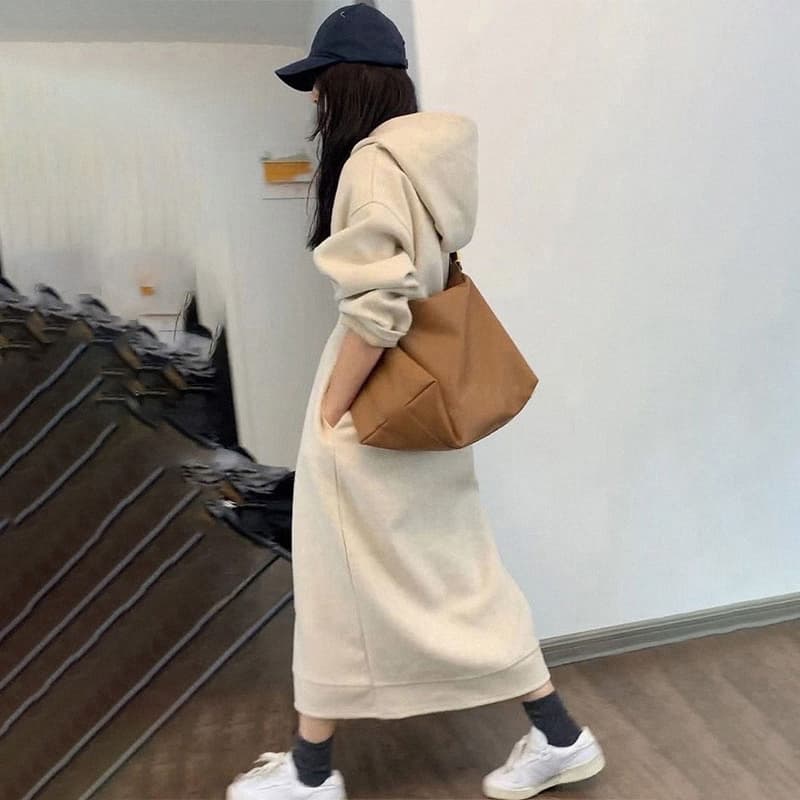 ロングワンピース スウェット 裏起毛フード付きゆったりロングワンピース