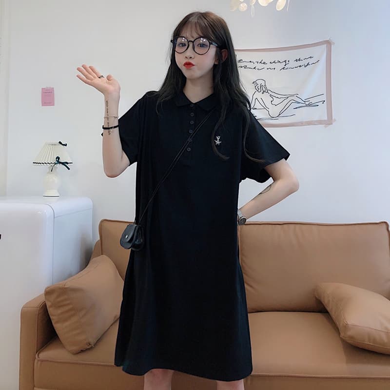 ロングワンピース ポロシャツ 襟付き半袖ワンピース刺繍ポイント付き