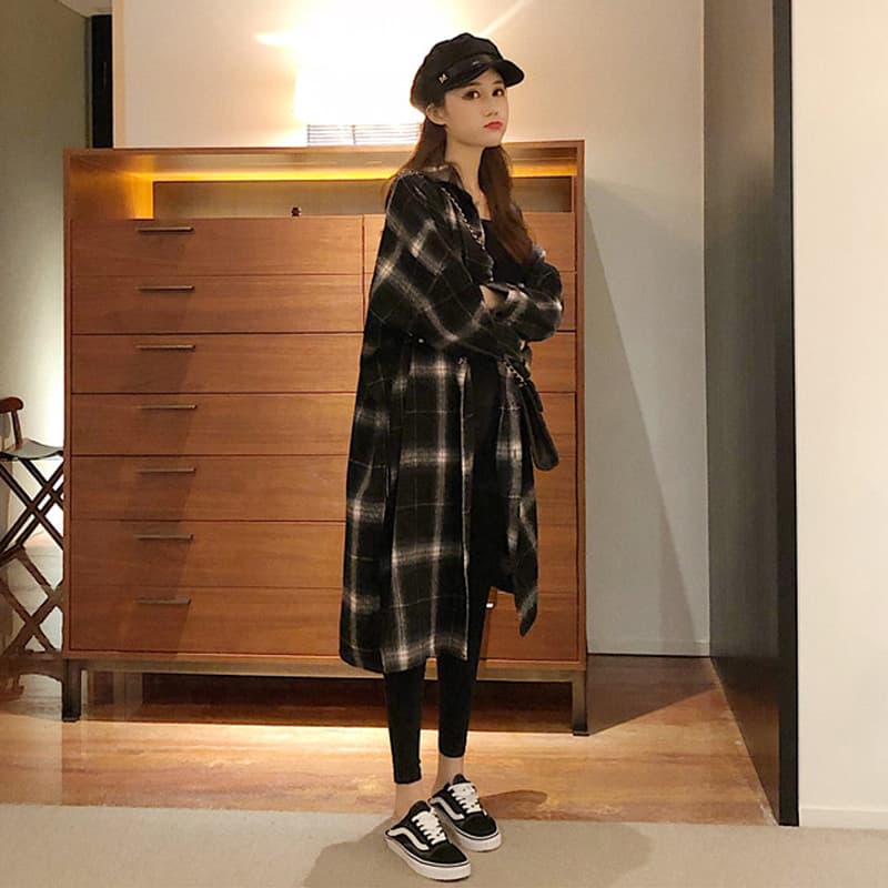 ロングワンピース シャツ チェック柄ベルト付きロング丈シャツワンピース