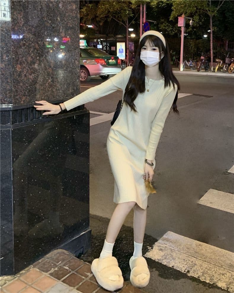ロングワンピース しなやかリブ編みワンピース