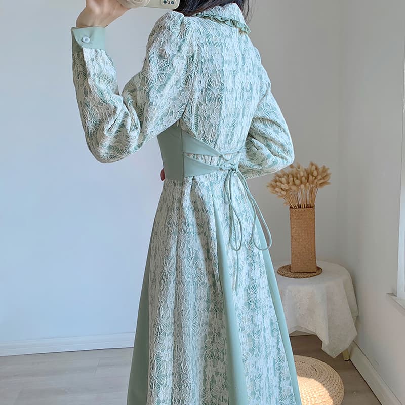 ロングワンピース レース レース襟付きロマンティック長袖ワンピース