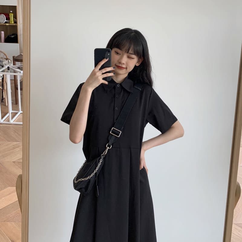 ロングワンピース シャツ 襟付き半袖ロングシャツワンピース