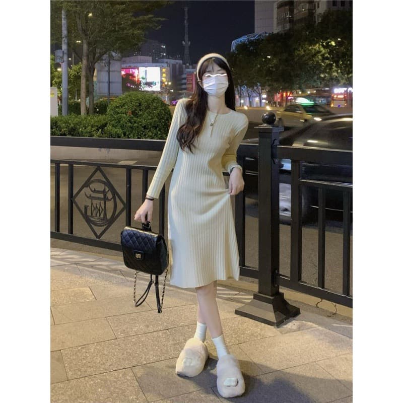 ロングワンピース しなやかリブ編みワンピース