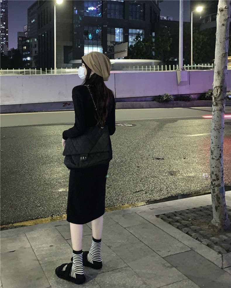 ロングワンピース しなやかリブ編みワンピース