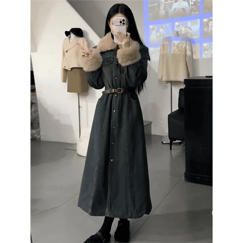 ロングワンピース ファー付きデニムロングワンピース