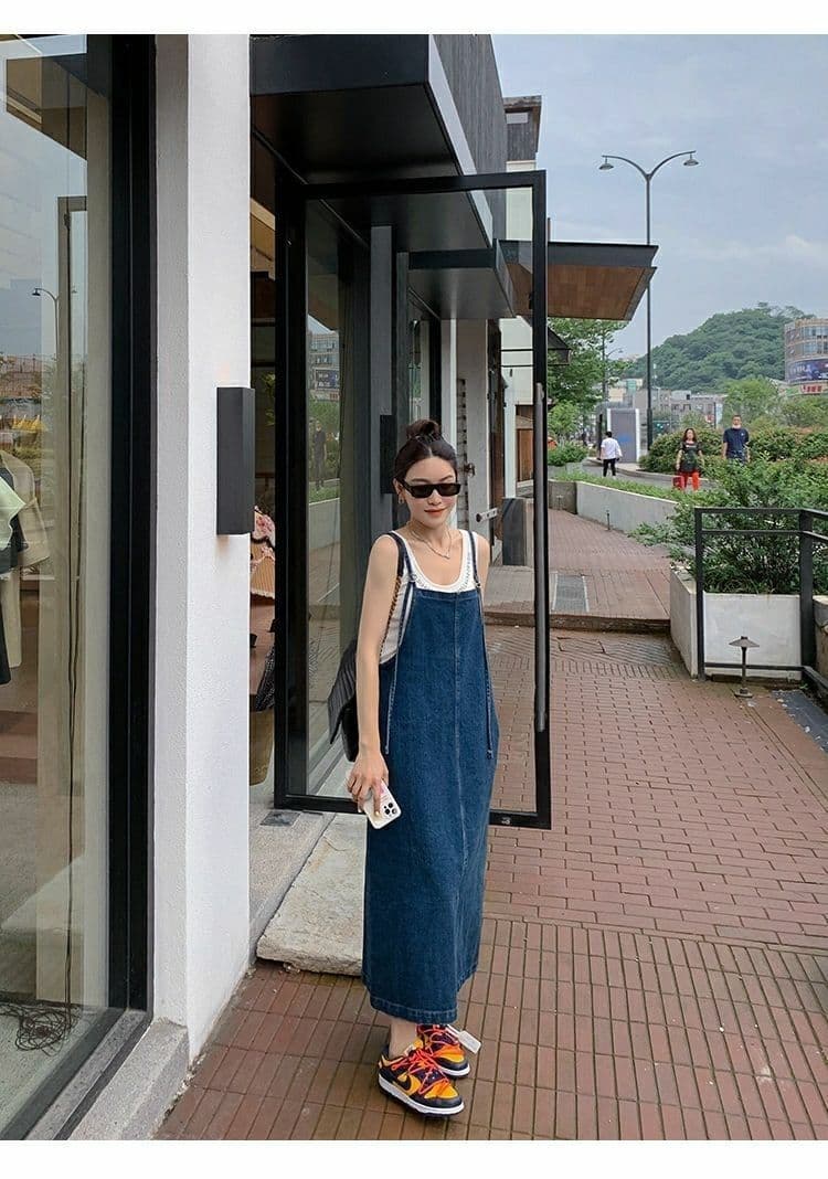 ロングワンピース サロペット風デザインワンピース
