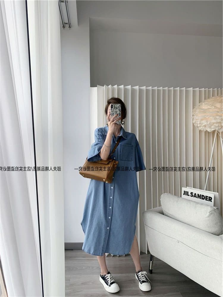 ロングワンピース シャツ デニム素材の襟付き半袖ロングシャツワンピース