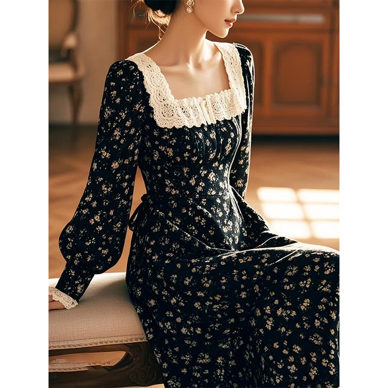 ロングワンピース レース 花柄レース襟付きクラシカルワンピース