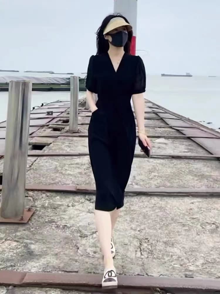 ロングワンピース シャツ 深襟パフスリーブウエストマークロングワンピース