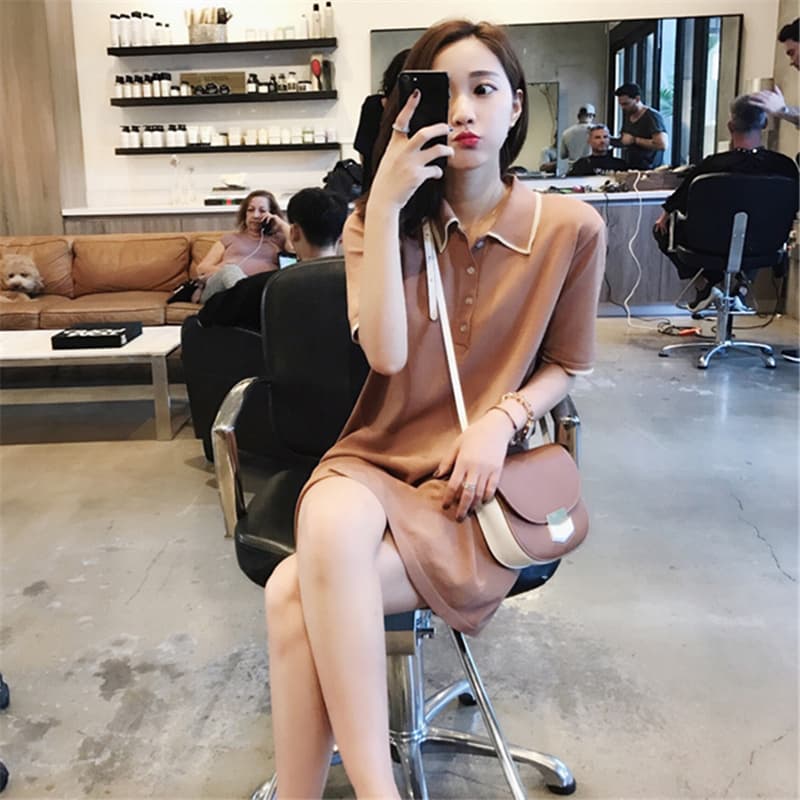 ロングワンピース ポロシャツ 配色ライン入りポロ襟ロングワンピース
