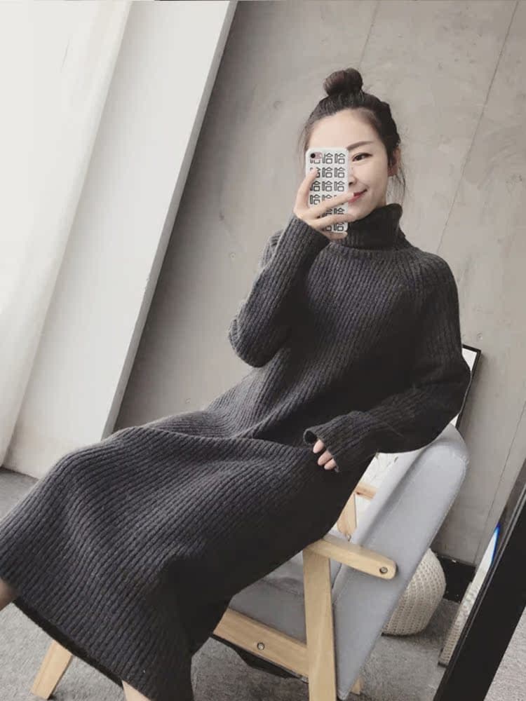 ロングワンピース タートルネック リブ編みニットタートルネックロングワンピース
