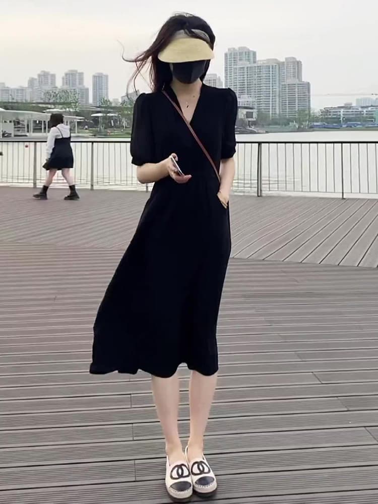 ロングワンピース シャツ 深襟パフスリーブウエストマークロングワンピース