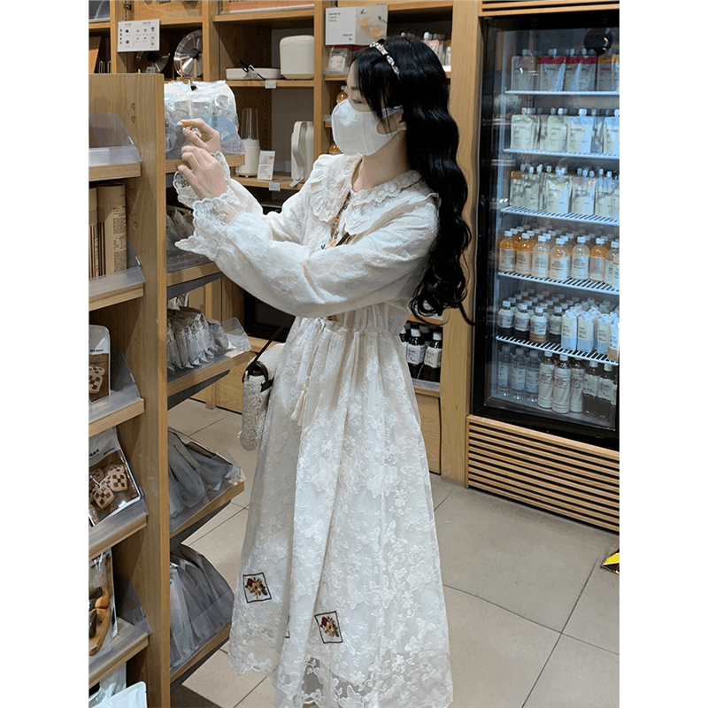 ロングワンピース レース 襟付き花柄刺繍レースロングワンピース