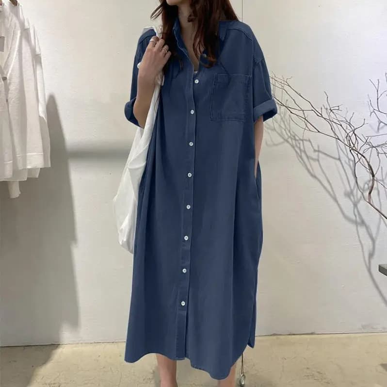 ロングワンピース ゆったりシルエット五分袖デニムワンピース