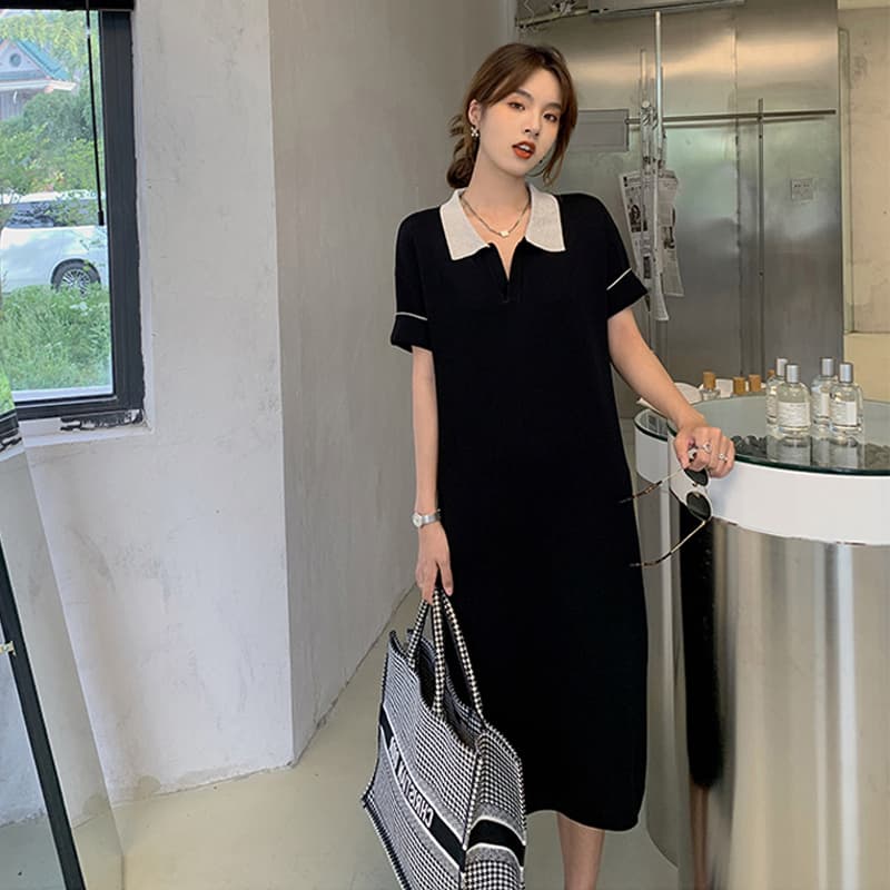 ロングワンピース ポロシャツ 配色襟デザインポロシャツ風ロングワンピース