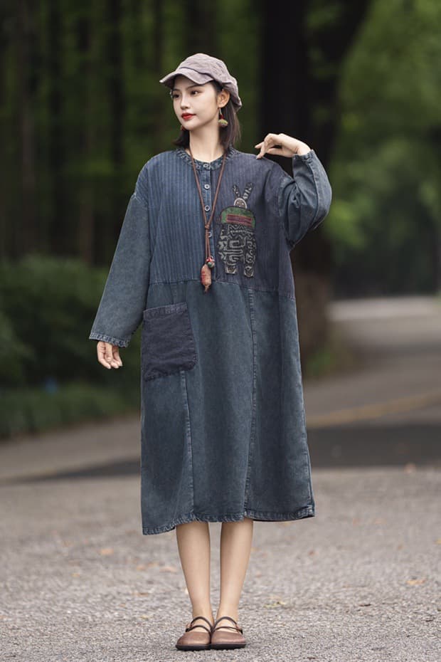 ロングワンピース 民族調刺繍入り ゆったりデニムワンピース