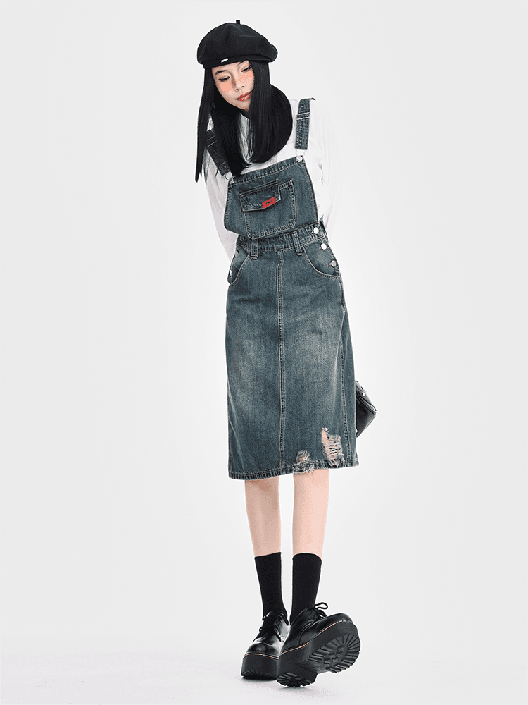 ワンピース デニム こだわりダメージ加工サロペット