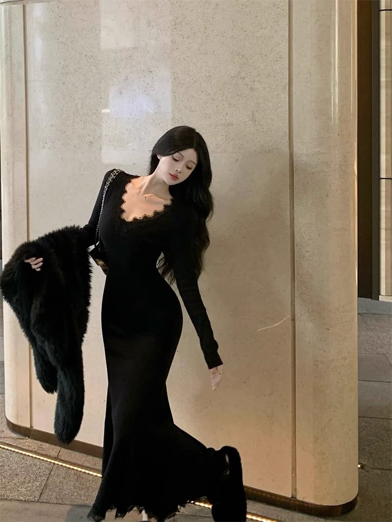 ロングワンピース 優美なレースデコルテマーメイドワンピース