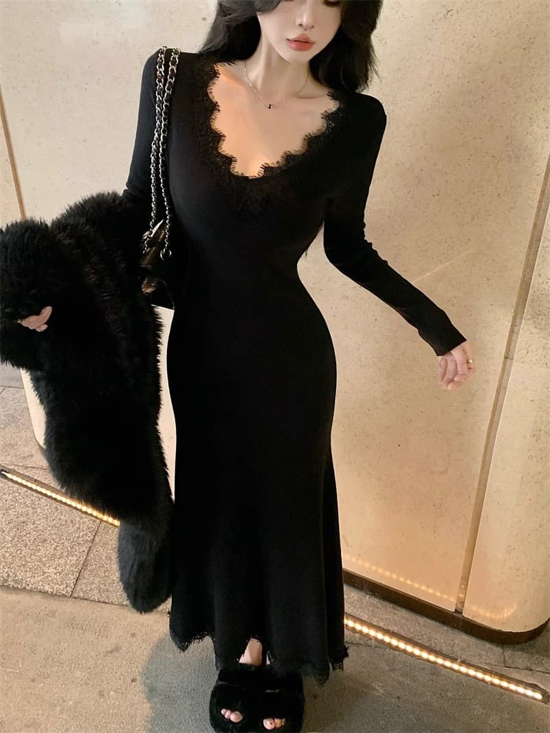 ロングワンピース 優美なレースデコルテマーメイドワンピース