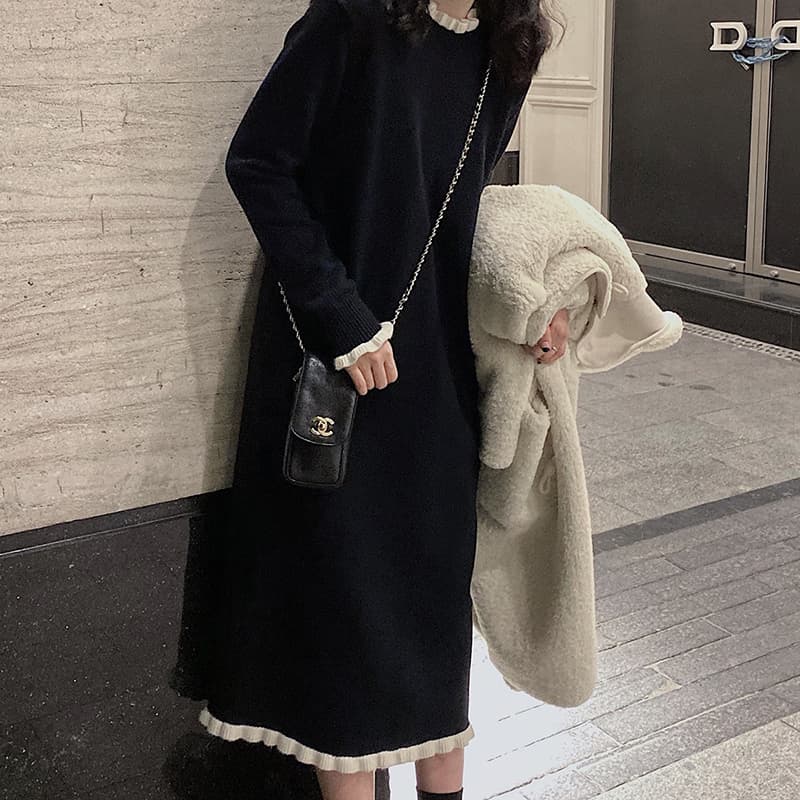 ロングワンピース レース 襟元パールレース付きニットロングワンピース