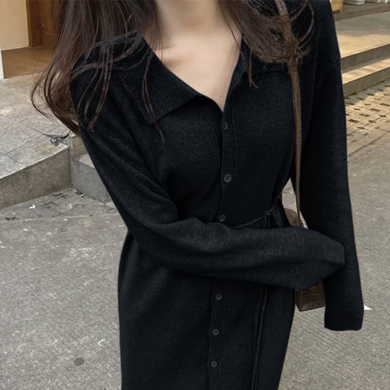 ロングワンピース ポロシャツ 襟付き長袖ニットロングワンピース