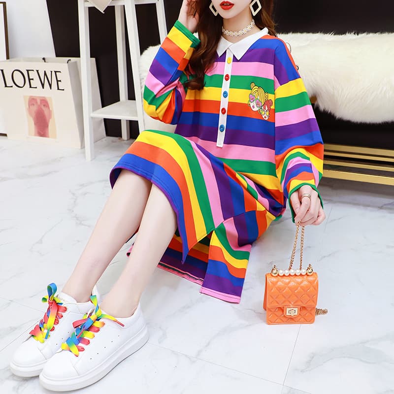 ロングワンピース かわいい縞模様のふんわりポロワンピース