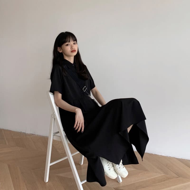 ロングワンピース シャツ 襟付き半袖ロングシャツワンピース