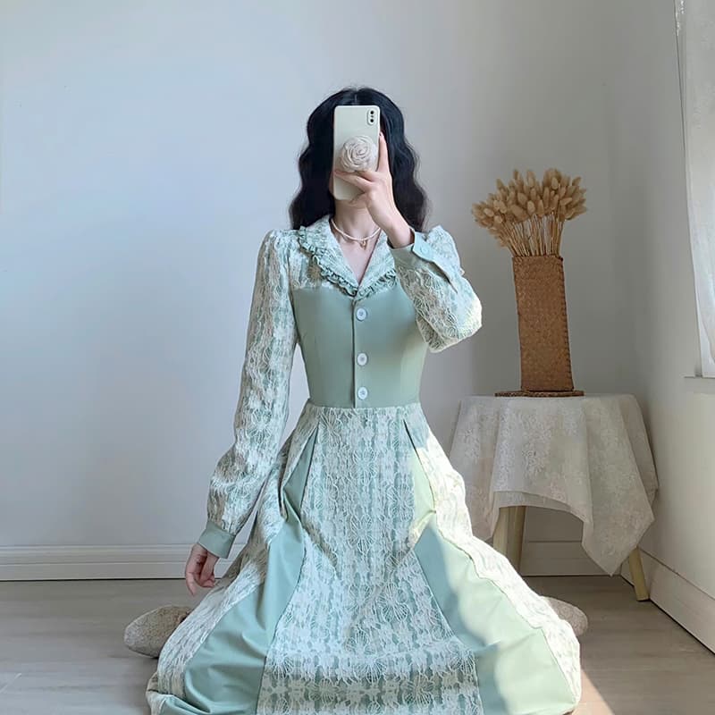 ロングワンピース レース レース襟付きロマンティック長袖ワンピース