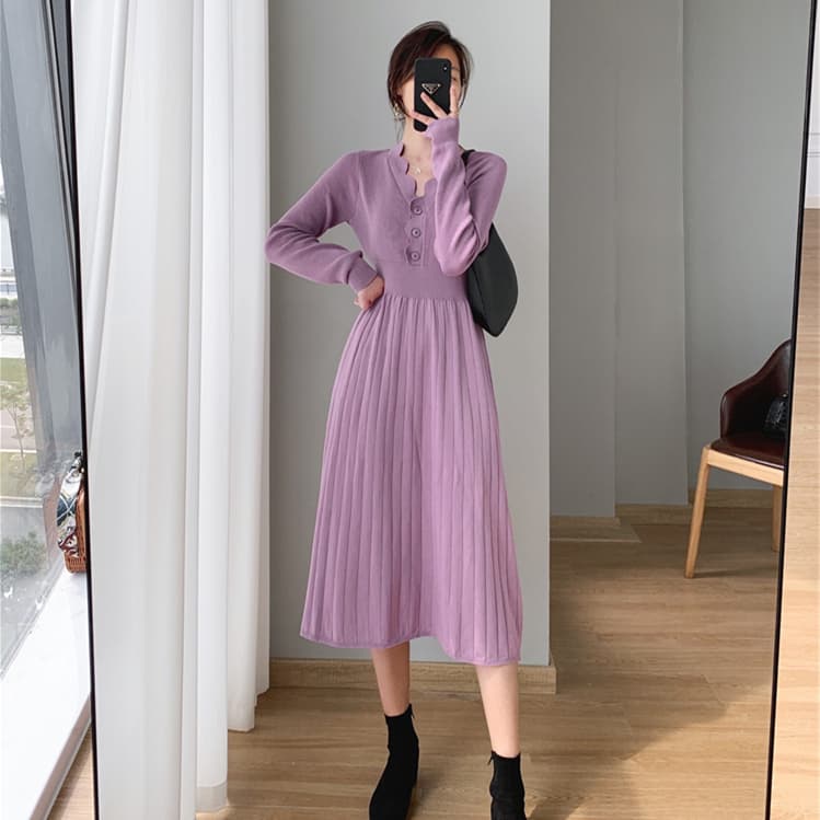 ロングワンピース ニット たっぷりプリーツニットワンピース