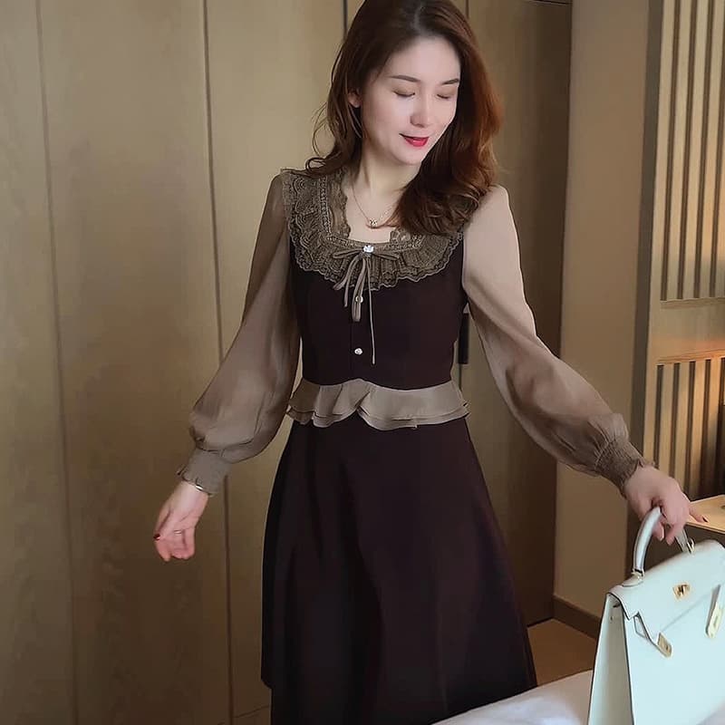 ロングワンピース 優美なレース襟シースルーワンピース