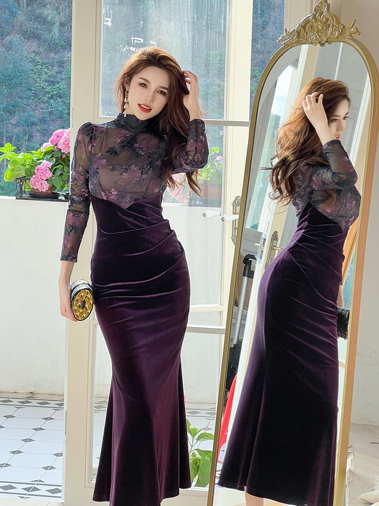 ロングワンピース レース 優雅なシースルーレース切替ベロアワンピース