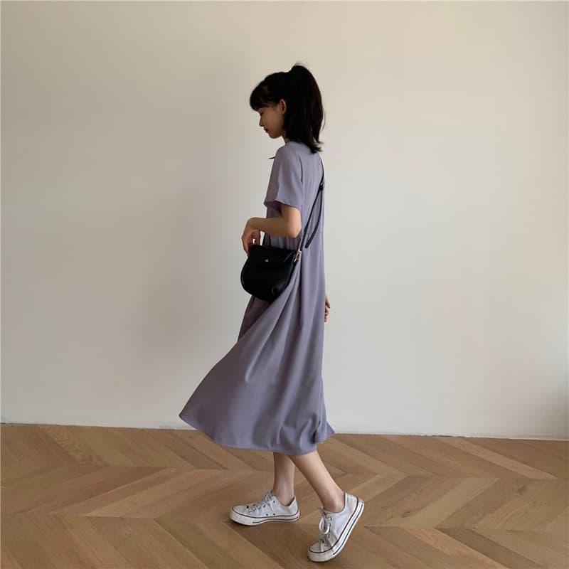 ロングワンピース シャツ 襟付き半袖ロングシャツワンピース