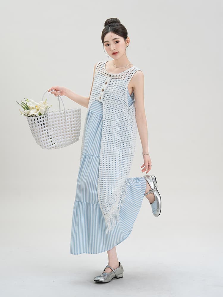 ロングワンピース レース 爽やか透かしレースレイヤードワンピ
