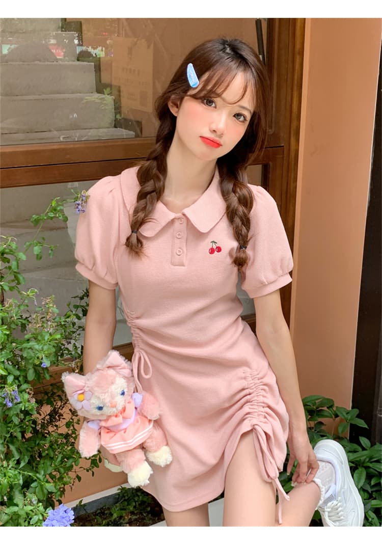 ロングワンピース リボン結びフリルスリーブギャザーワンピース