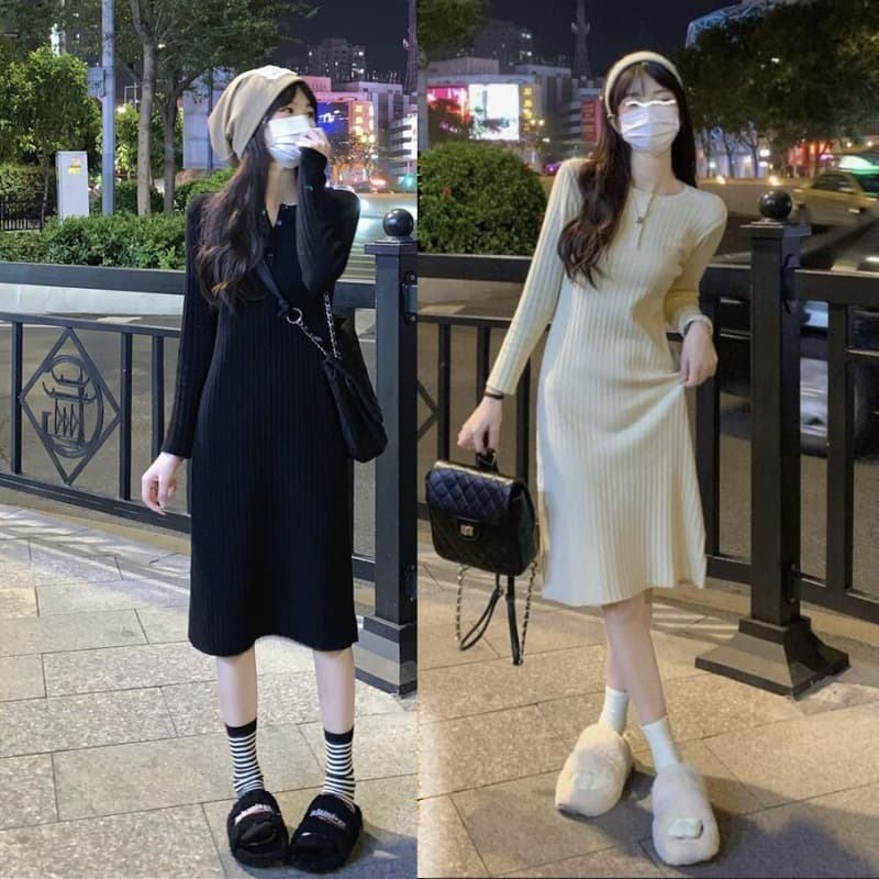 ロングワンピース しなやかリブ編みワンピース