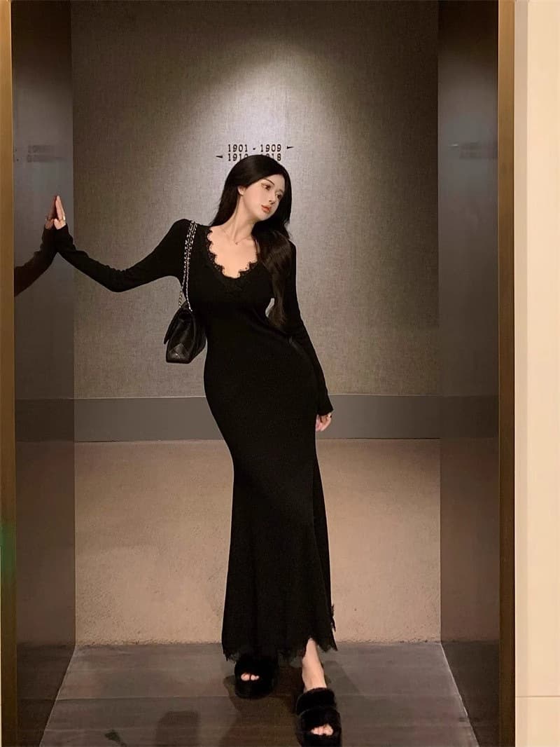 ロングワンピース 優美なレースデコルテマーメイドワンピース
