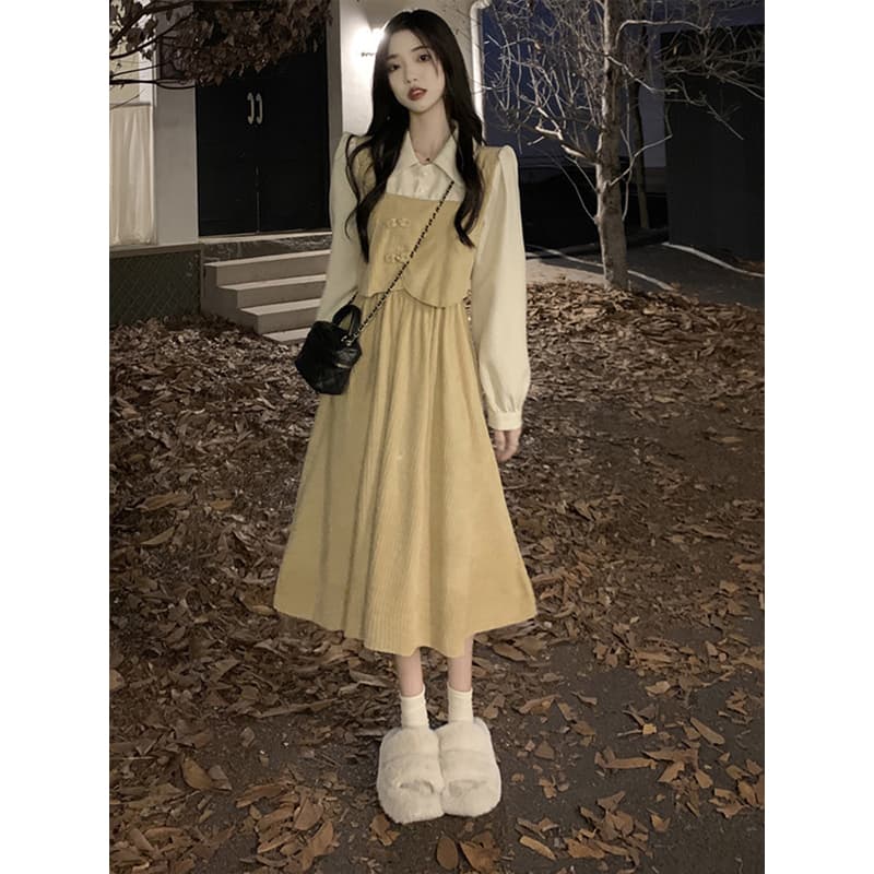 ロングワンピース シャツ ベスト重ね着風長袖シャツロングワンピース