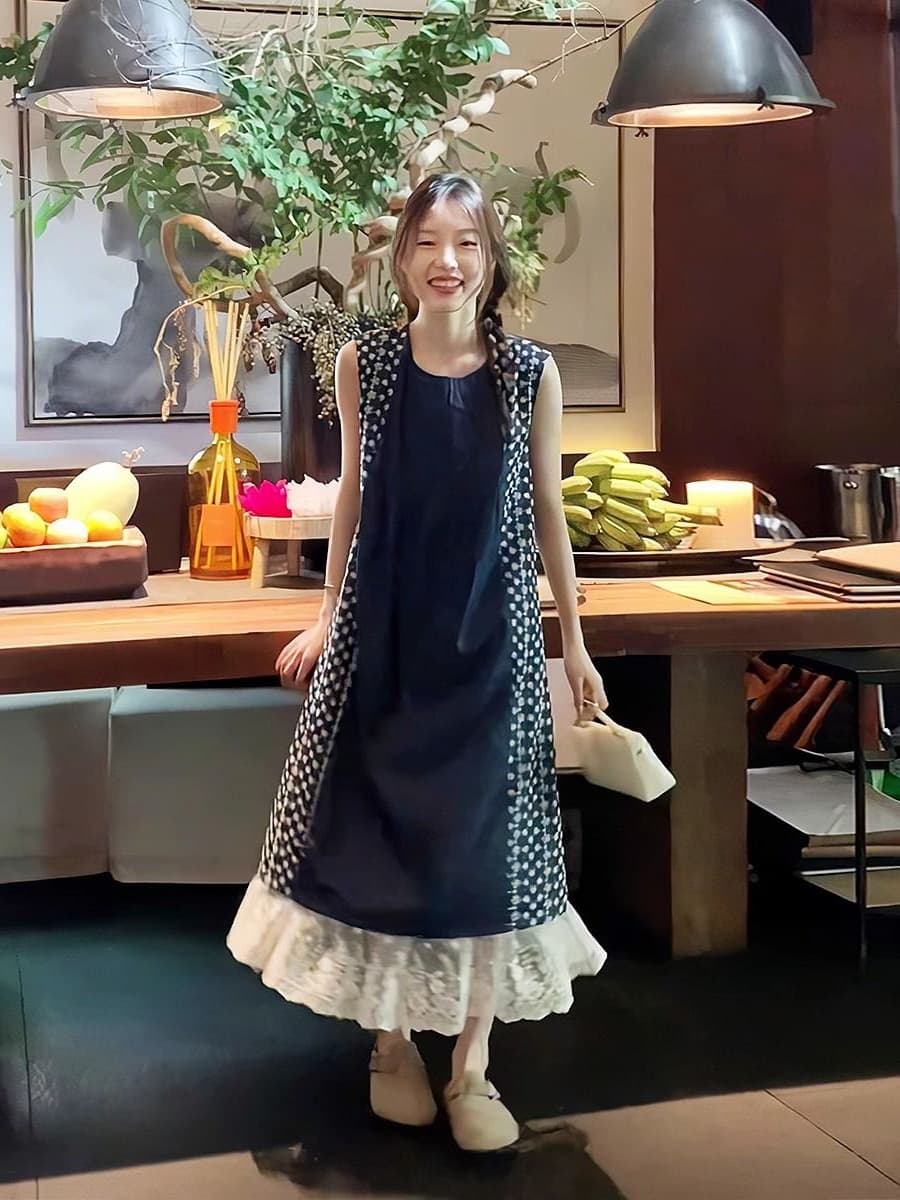 ロングワンピース レース 裾レース重ね着風ノースリーブロングワンピース