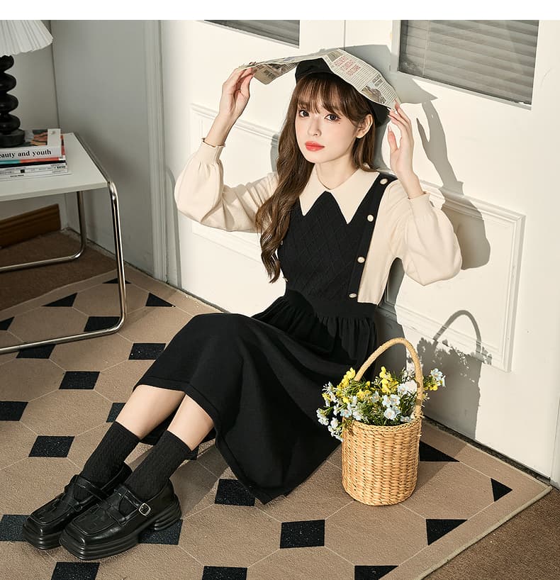ロングワンピース ニット レトロ襟付きピナフォアニットワンピース