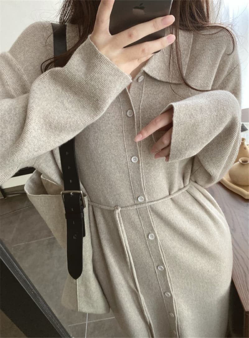 ロングワンピース ポロシャツ 襟付き長袖ニットロングワンピース