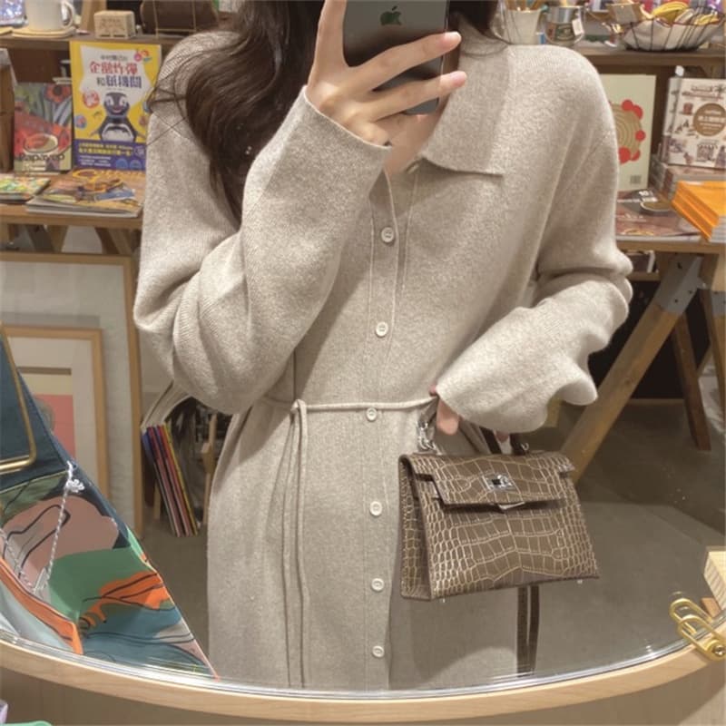 ロングワンピース ポロシャツ 襟付き長袖ニットロングワンピース