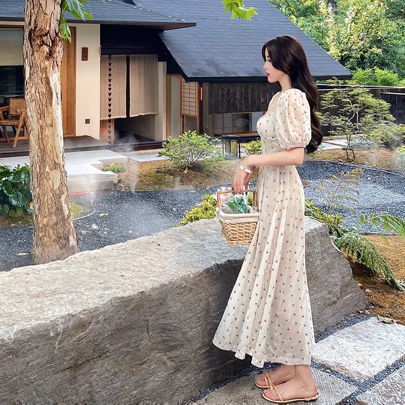 ロングワンピース シャツ 小花柄パフスリーブロングワンピース