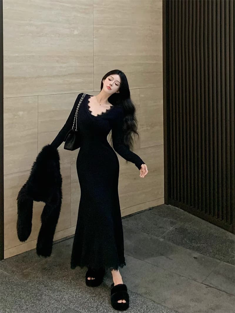 ロングワンピース 優美なレースデコルテマーメイドワンピース