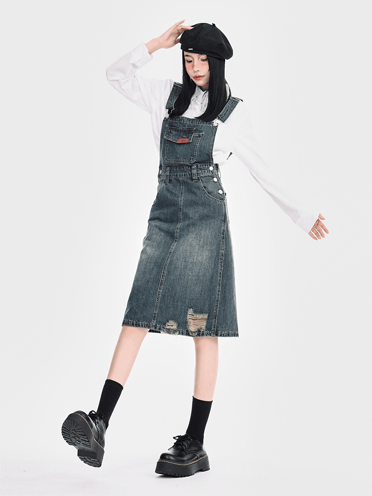 ワンピース デニム こだわりダメージ加工サロペット
