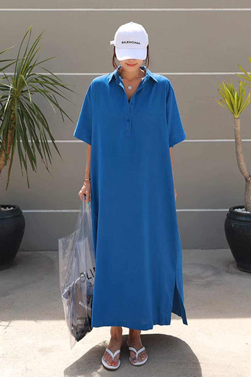 ロングワンピース シャツ 襟付き半袖ゆったりシルエットロングワンピース