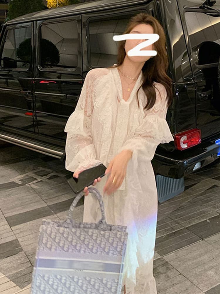 ロングワンピース レース 袖口フリル装飾総レースロングワンピース