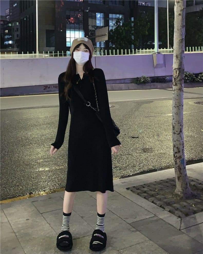 ロングワンピース しなやかリブ編みワンピース